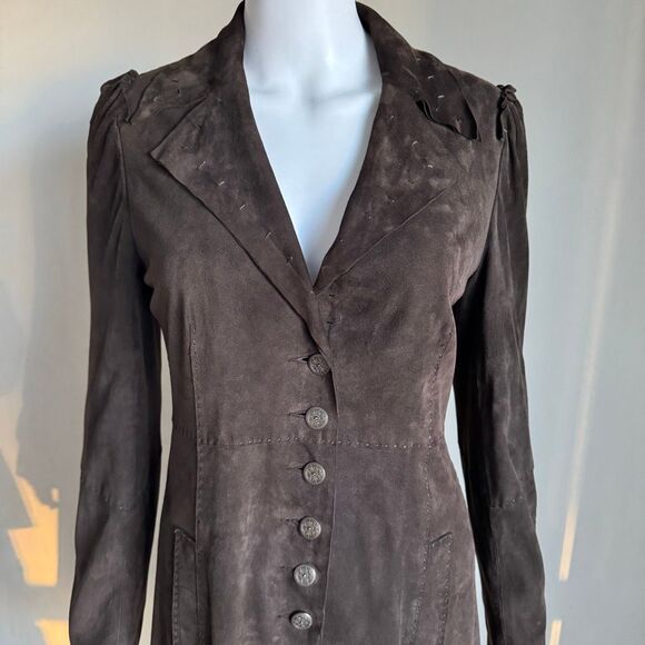 Elie Tahari Long Brown Suede Fitted Jacket With Ornate Buttons Size S - Picture 2 of 10